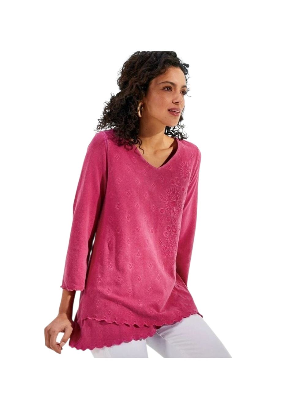 Soft Surroundings Malolo Tunic Embroidered V-Neck Pink Magenta Top NWT Size M